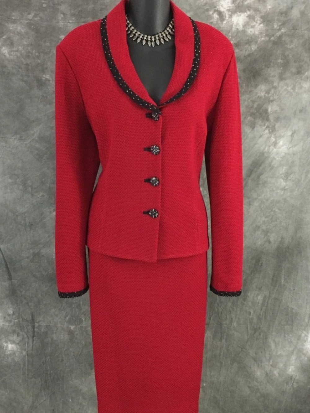 St. John Red Knit Evening Jacket and Skirt with Black Trim